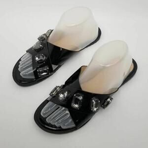 Womens Stone Jeweled Slip On Flat Slide Sandals Rhinestones Black Size 38